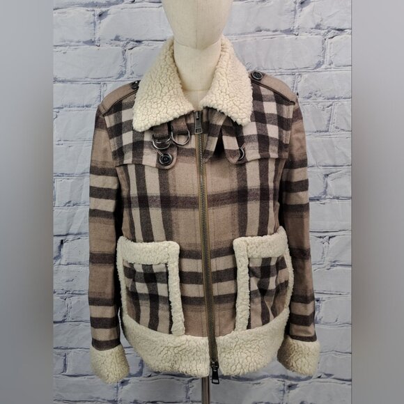 Burberry Brit Women's Wool Jacket Nova Check Faux Shearling Winter Bomber 6 US - Picture 1 of 15